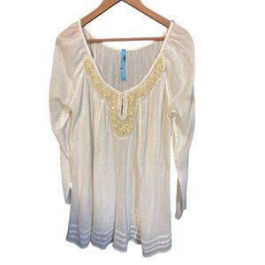 Free‎ People Womens Medium Long Sleeve White Blouse With Embroidered Detail